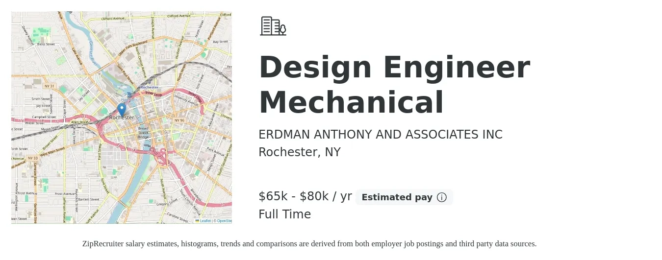 ERDMAN ANTHONY AND ASSOCIATES INC job posting for a Design Engineer Mechanical in Rochester, NY with a salary of $65,000 to $80,000 Yearly with a map of Rochester location.
