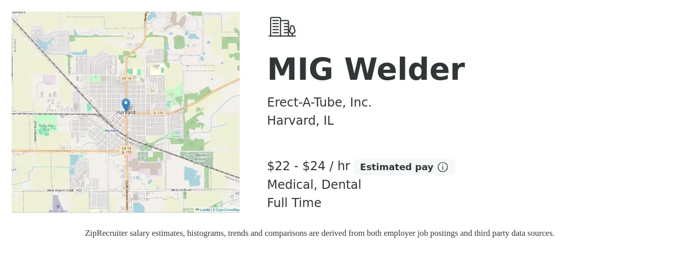 Erect-A-Tube, Inc. job posting for a MIG Welder in Harvard, IL with a salary of $23 to $25 Hourly and benefits including dental, life_insurance, medical, pto, and retirement with a map of Harvard location.
