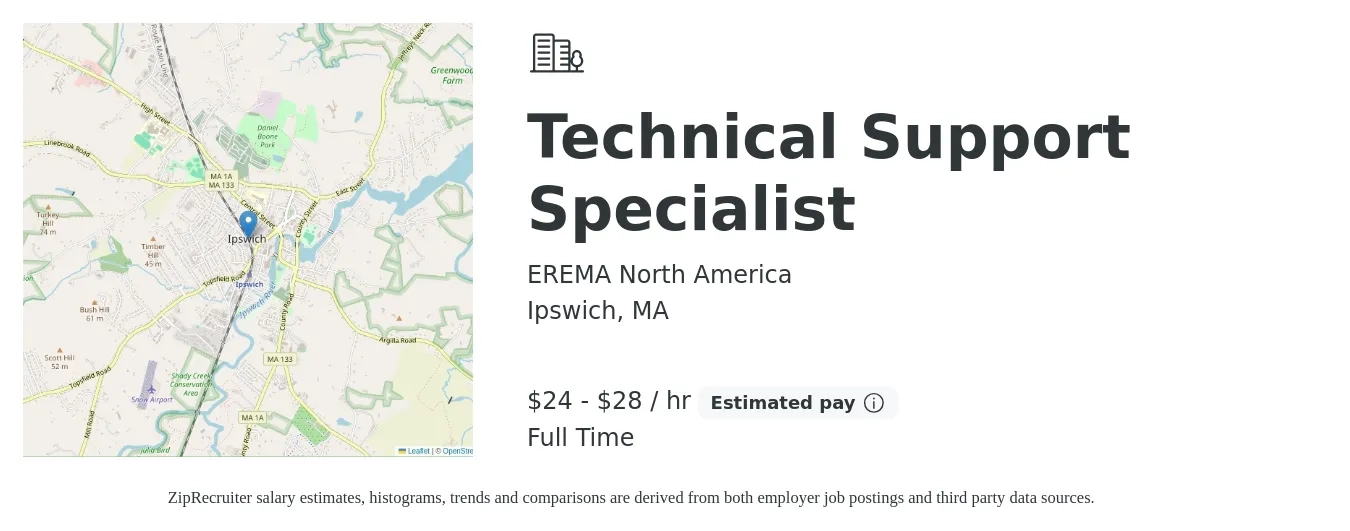 EREMA North America job posting for a Technical Support Specialist in Ipswich, MA with a salary of $25 to $30 Hourly with a map of Ipswich location.