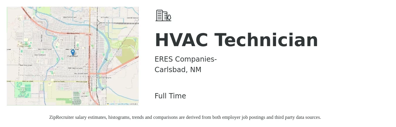 ERES Companies- job posting for a HVAC Technician in Carlsbad, NM with a salary of $30 to $38 Hourly with a map of Carlsbad location.
