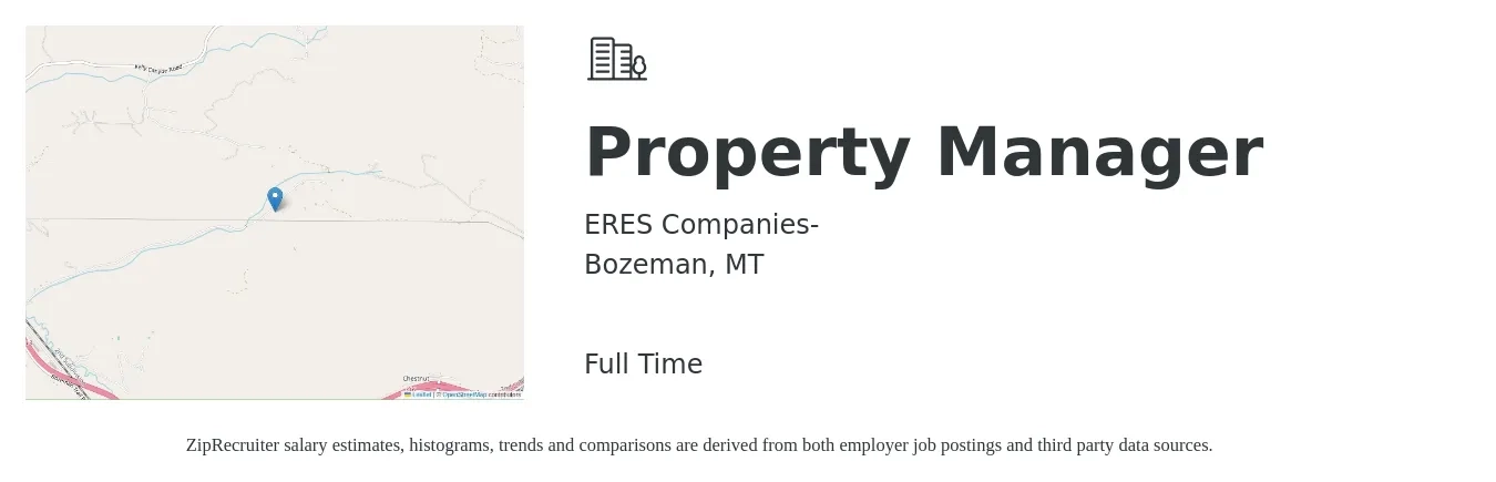 ERES Companies- job posting for a Property Manager in Bozeman, MT with a salary of $65,000 to $67,000 Yearly with a map of Bozeman location.