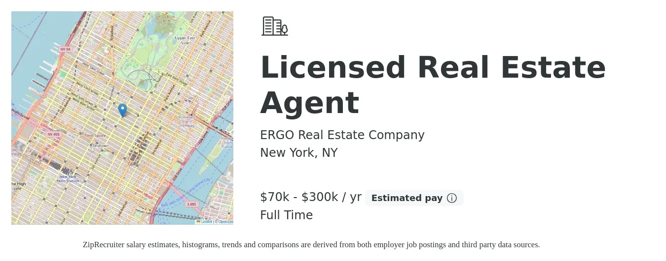 ERGO Real Estate Company job posting for a Licensed Real Estate Agent in New York, NY with a salary of $70,000 to $300,000 Yearly with a map of New York location.