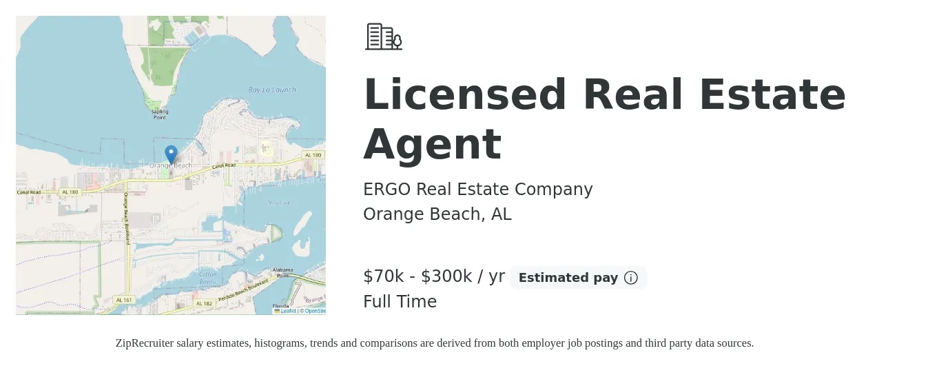 ERGO Real Estate Company job posting for a Licensed Real Estate Agent in Orange Beach, AL with a salary of $70,000 to $300,000 Yearly with a map of Orange Beach location.