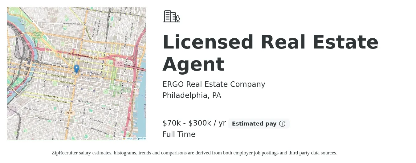 ERGO Real Estate Company job posting for a Licensed Real Estate Agent in Philadelphia, PA with a salary of $70,000 to $300,000 Yearly with a map of Philadelphia location.