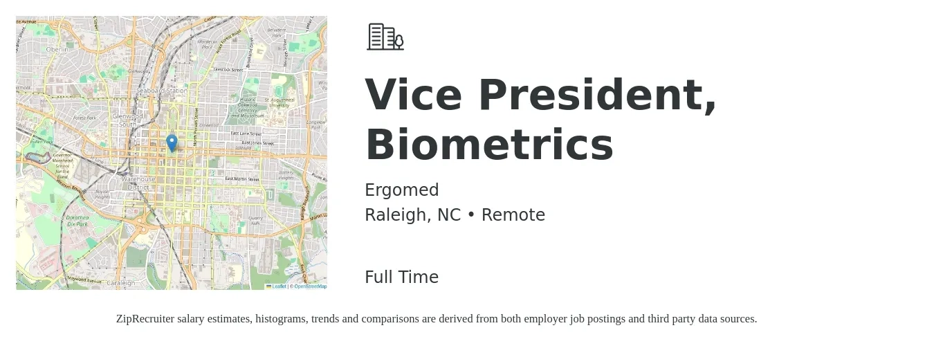 Ergomed job posting for a Vice President, Biometrics in Raleigh, NC with a salary of $111,800 to $184,700 Yearly with a map of Raleigh location.