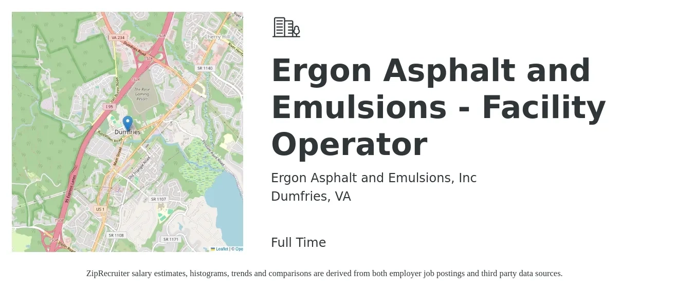Ergon Asphalt and Emulsions, Inc job posting for a Ergon Asphalt and Emulsions - Facility Operator in Dumfries, VA with a salary of $20 to $34 Hourly with a map of Dumfries location.