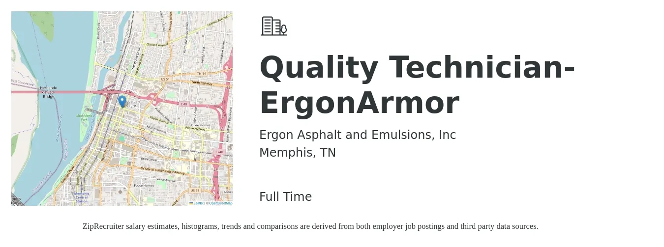 Ergon Asphalt and Emulsions, Inc job posting for a Quality Technician-ErgonArmor in Memphis, TN with a salary of $16 to $22 Hourly with a map of Memphis location.