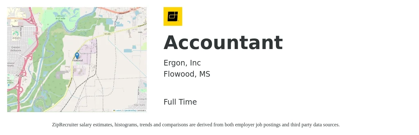 Ergon, Inc job posting for a Accountant in Flowood, MS with a salary of $44,700 to $65,500 Yearly with a map of Flowood location.