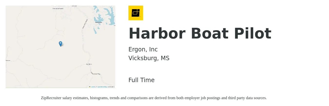 Ergon, Inc job posting for a Harbor Boat Pilot in Vicksburg, MS with a salary of $80,100 to $184,200 Yearly with a map of Vicksburg location.
