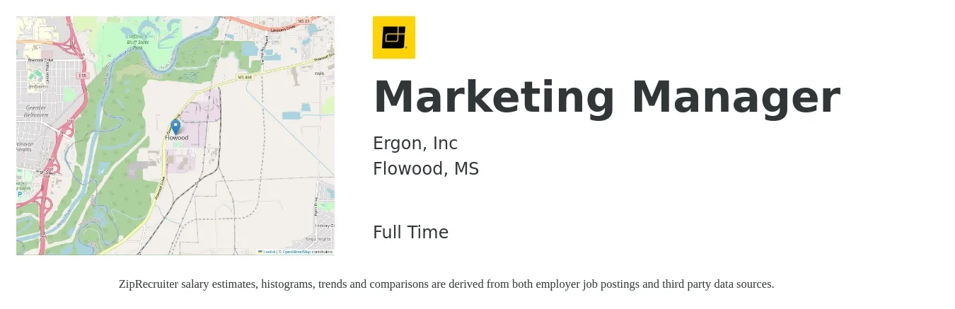 Ergon, Inc job posting for a Marketing Manager in Flowood, MS with a salary of $50,100 to $81,800 Yearly with a map of Flowood location.