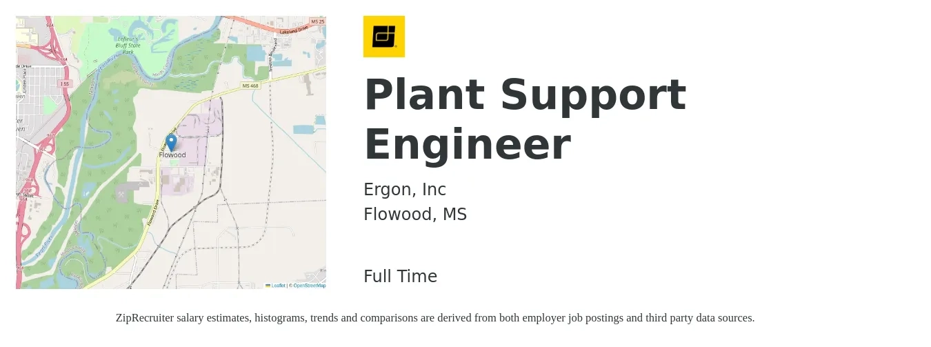 Ergon, Inc job posting for a Plant Support Engineer in Flowood, MS with a salary of $65,500 to $100,200 Yearly with a map of Flowood location.