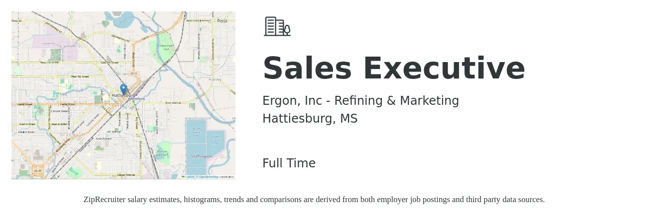 Ergon, Inc - Refining & Marketing job posting for a Sales Executive in Hattiesburg, MS with a salary of $47,800 to $82,200 Yearly with a map of Hattiesburg location.