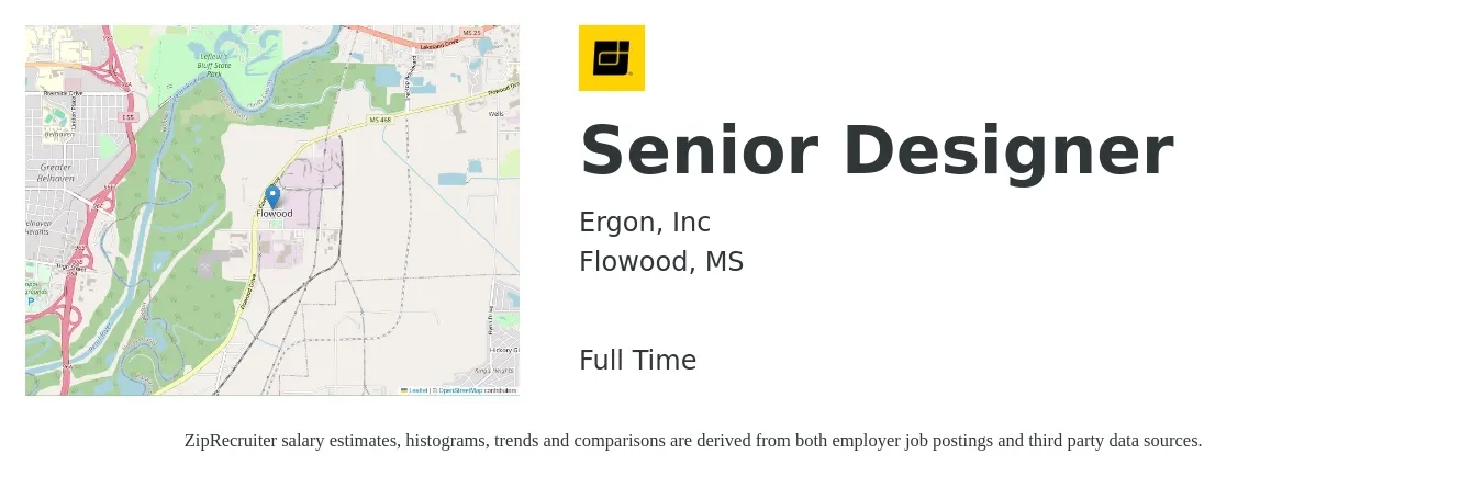 Ergon, Inc job posting for a Senior Designer in Flowood, MS with a salary of $85,200 to $91,000 Yearly with a map of Flowood location.