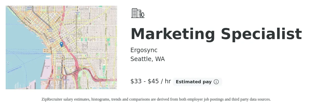 Ergosync job posting for a Marketing Specialist in Seattle, WA with a salary of $35 to $47 Hourly with a map of Seattle location.