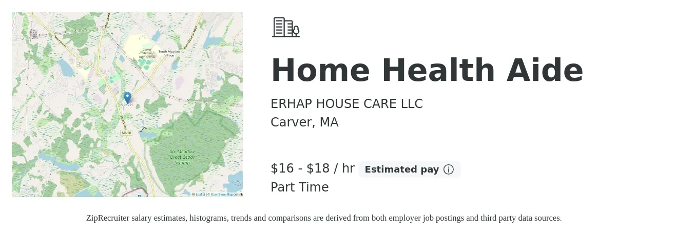 ERHAP HOUSE CARE LLC job posting for a Home Health Aide in Carver, MA with a salary of $17 to $19 Hourly with a map of Carver location.