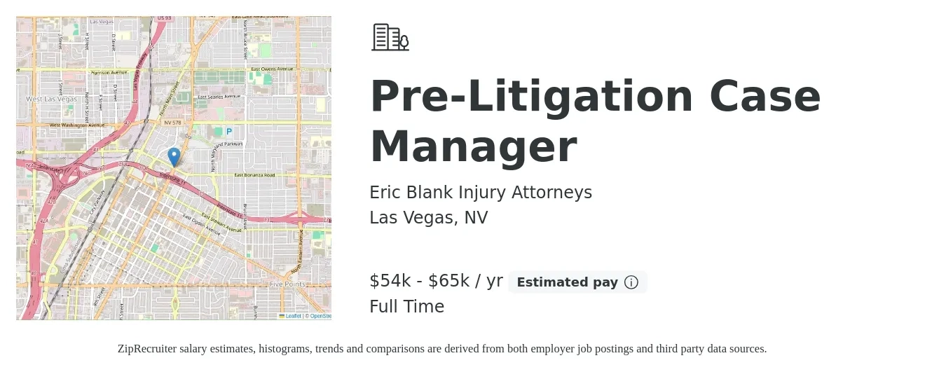 Eric Blank Injury Attorneys job posting for a Pre-Litigation Case Manager in Las Vegas, NV with a salary of $54,000 to $65,000 Yearly with a map of Las Vegas location.