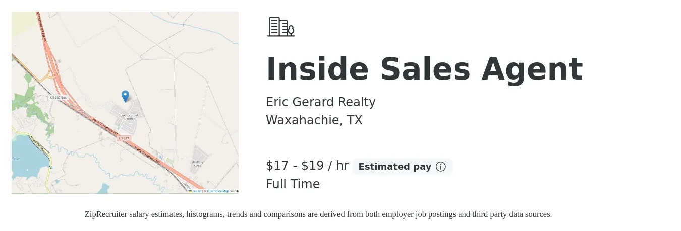 Eric Gerard Realty job posting for a Inside Sales Agent in Waxahachie, TX with a salary of $18 to $20 Hourly with a map of Waxahachie location.