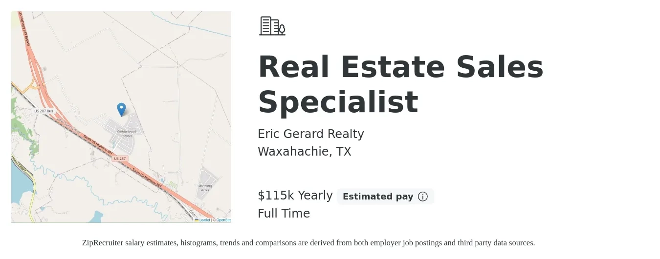Eric Gerard Realty job posting for a Real Estate Sales Specialist in Waxahachie, TX with a salary of $115,000 Yearly with a map of Waxahachie location.