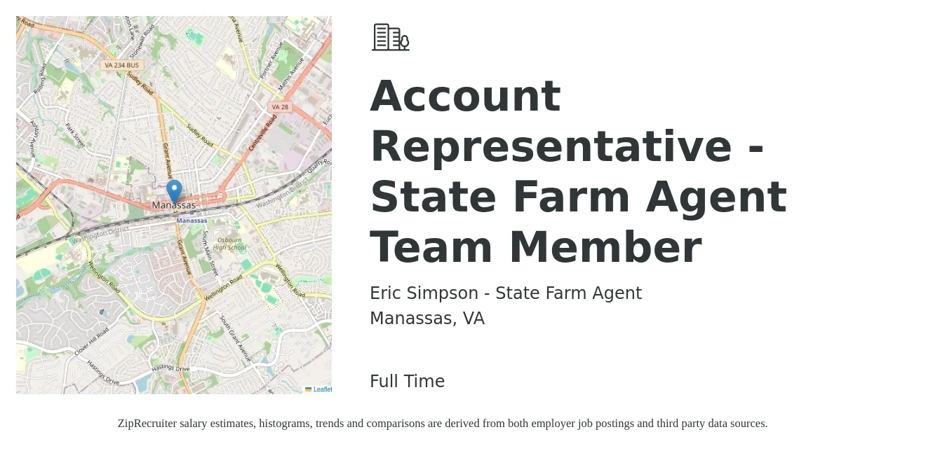 Eric Simpson - State Farm Agent job posting for a Account Representative - State Farm Agent Team Member in Manassas, VA with a salary of $37,500 to $51,500 Yearly with a map of Manassas location.