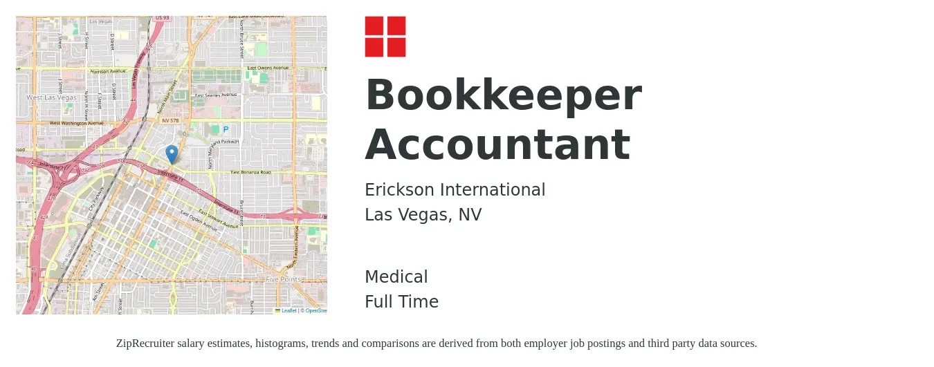 Erickson International job posting for a Bookkeeper Accountant in Las Vegas, NV with a salary of $43,500 to $60,600 Yearly and benefits including medical with a map of Las Vegas location.