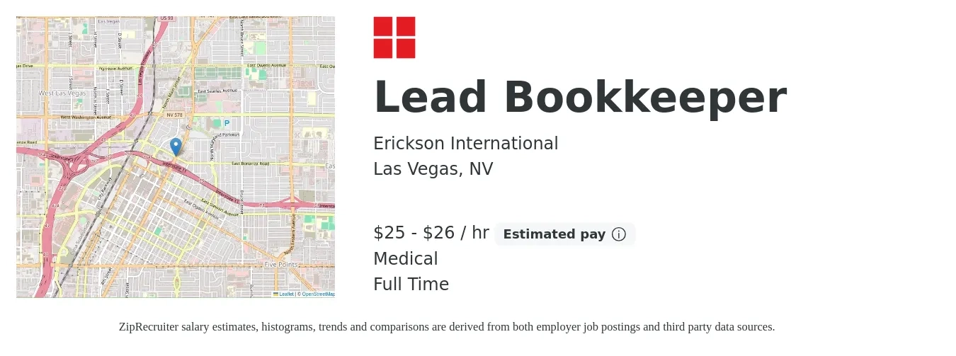 Erickson International job posting for a Lead Bookkeeper in Las Vegas, NV with a salary of $26 to $28 Hourly and benefits including medical with a map of Las Vegas location.