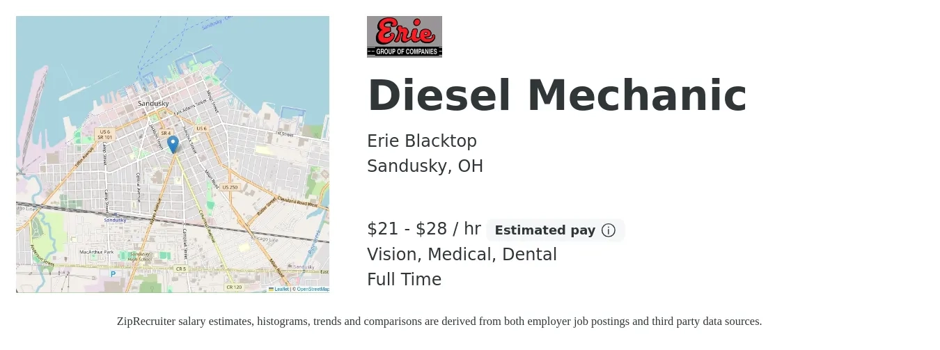 Erie Blacktop job posting for a Diesel Mechanic in Sandusky, OH with a salary of $22 to $30 Hourly and benefits including dental, medical, retirement, and vision with a map of Sandusky location.