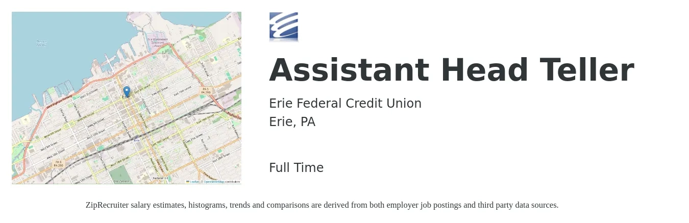 Erie Federal Credit Union job posting for a Assistant Head Teller in Erie, PA with a salary of $16 to $20 Hourly with a map of Erie location.