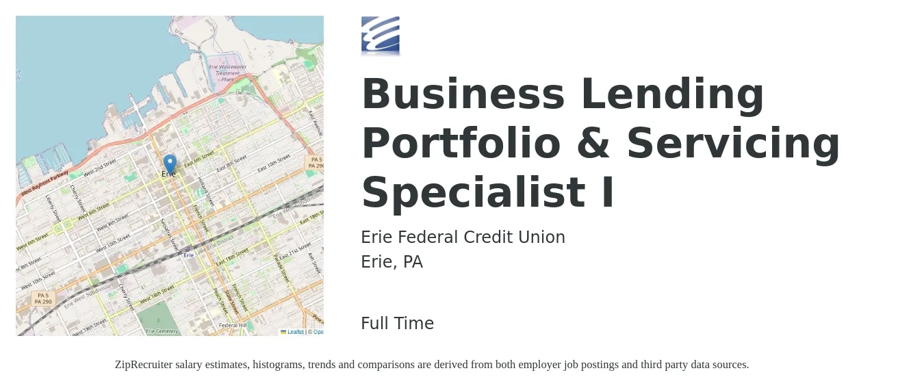 Erie Federal Credit Union job posting for a Business Lending Portfolio & Servicing Specialist I in Erie, PA with a salary of $66,800 to $112,900 Yearly with a map of Erie location.