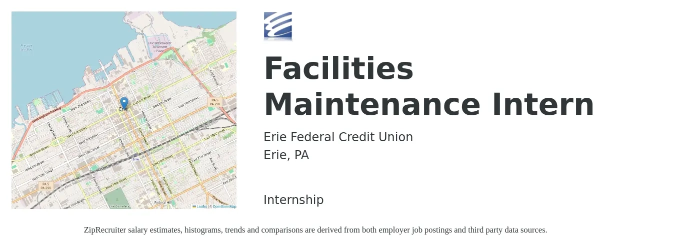 Erie Federal Credit Union job posting for a Facilities Maintenance Intern in Erie, PA with a salary of $16 to $24 Hourly with a map of Erie location.