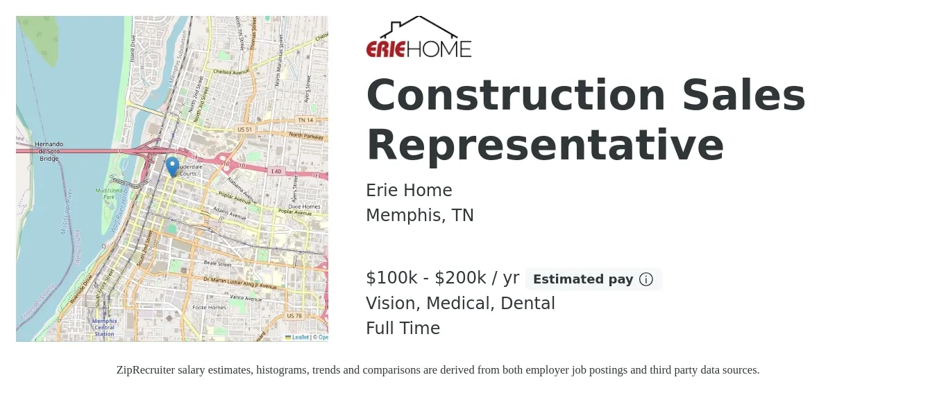 Erie Home job posting for a Construction Sales Representative in Memphis, TN with a salary of $100,000 to $200,000 Yearly and benefits including medical, retirement, vision, and dental with a map of Memphis location.