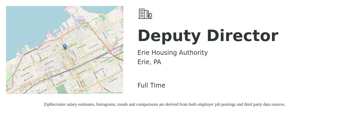 Erie Housing Authority job posting for a Deputy Director in Erie, PA with a salary of $102,400 to $148,600 Yearly with a map of Erie location.