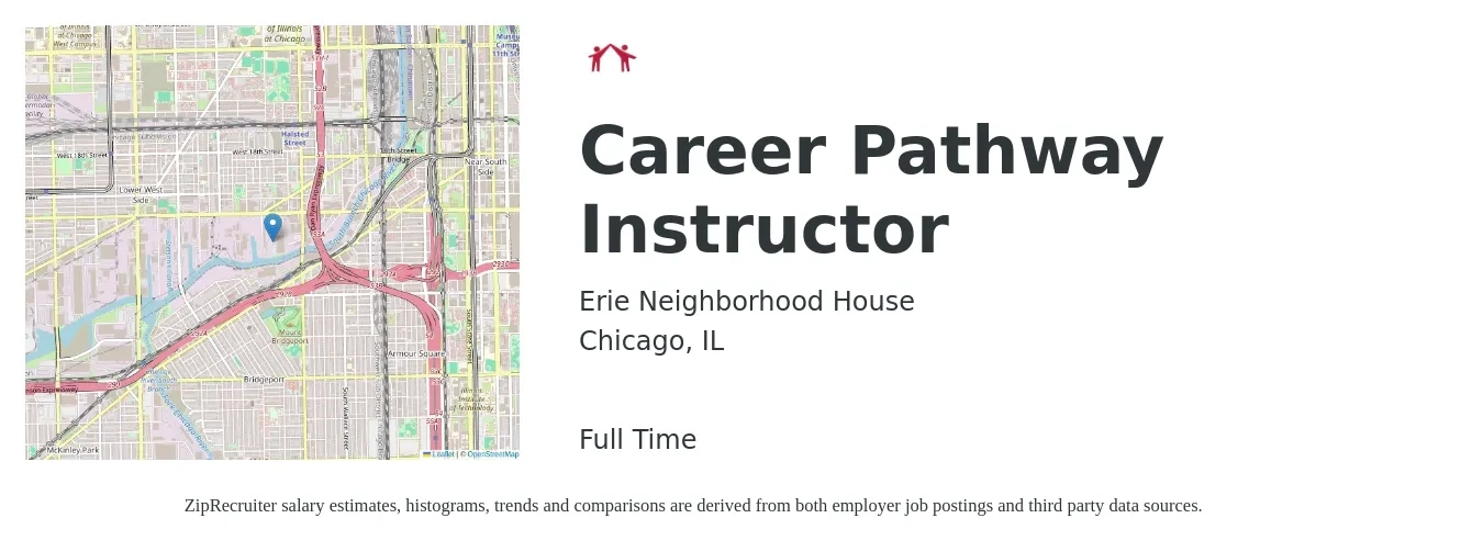 Erie Neighborhood House job posting for a Career Pathway Instructor in Chicago, IL with a salary of $18 to $30 Hourly with a map of Chicago location.