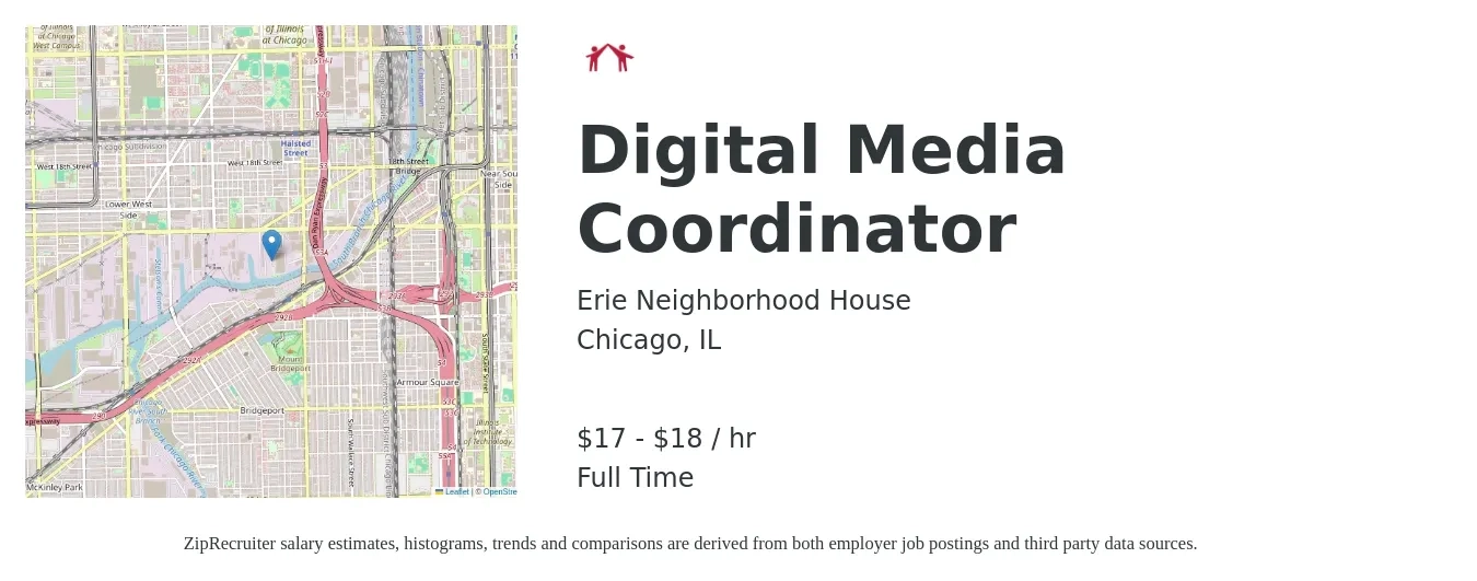 Erie Neighborhood House job posting for a Digital Media Coordinator in Chicago, IL with a salary of $18 to $19 Hourly with a map of Chicago location.