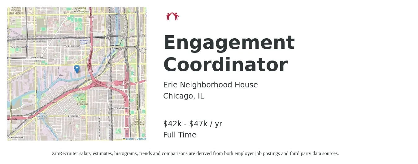 Erie Neighborhood House job posting for a Engagement Coordinator in Chicago, IL with a salary of $42,000 to $47,000 Yearly with a map of Chicago location.