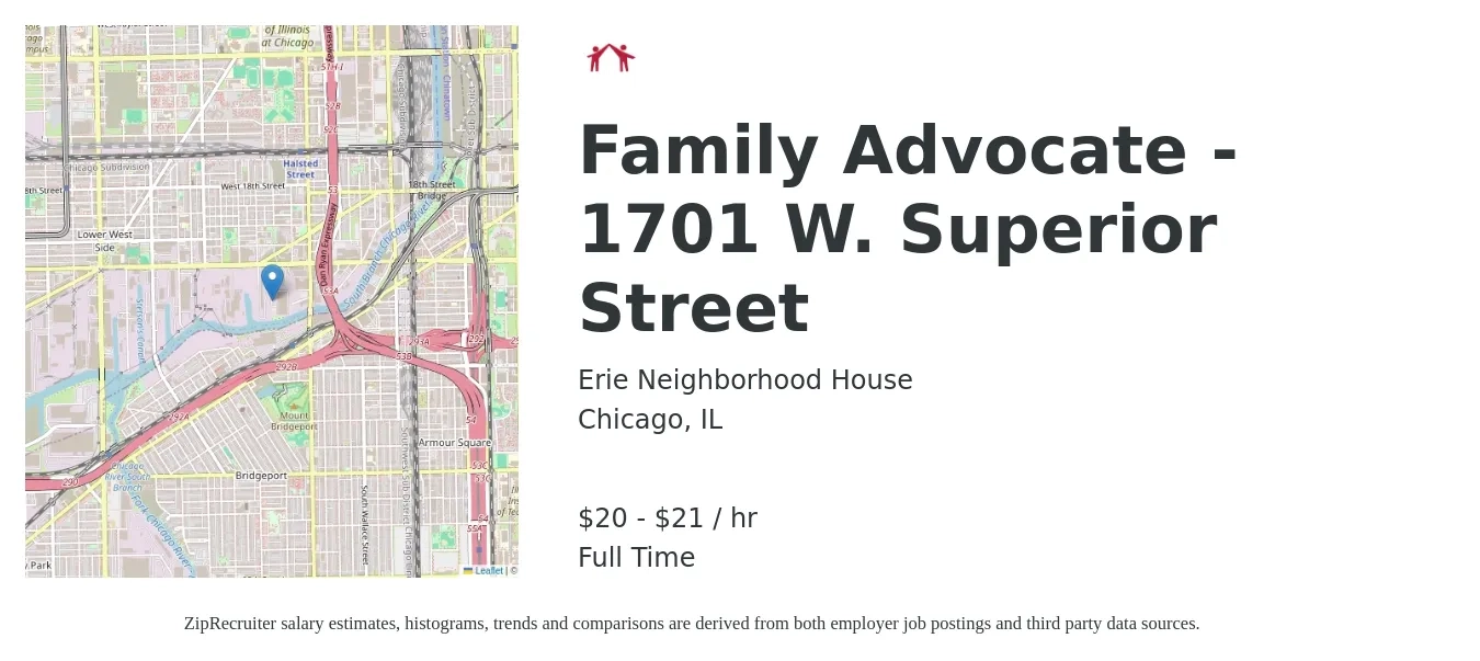 Erie Neighborhood House job posting for a Family Advocate - 1701 W. Superior Street in Chicago, IL with a salary of $21 to $22 Hourly with a map of Chicago location.