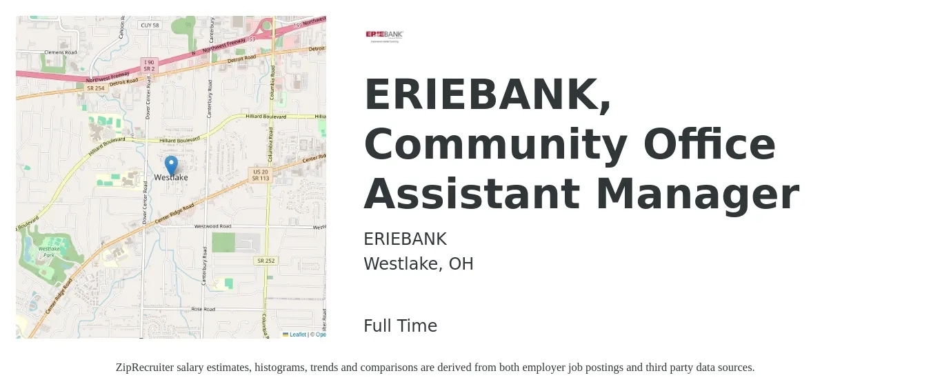ERIEBANK job posting for a ERIEBANK, Community Office Assistant Manager in Westlake, OH with a salary of $18 to $24 Hourly with a map of Westlake location.