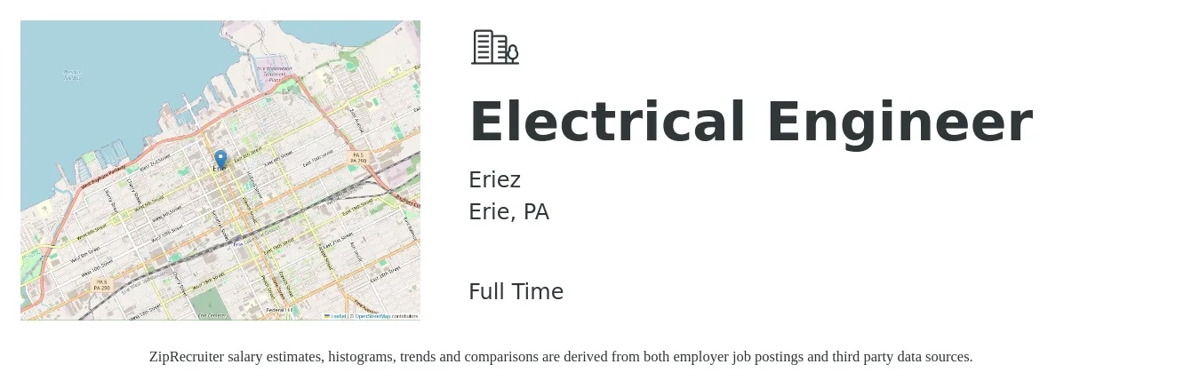 Eriez job posting for a Electrical Engineer in Erie, PA with a salary of $80,400 to $127,900 Yearly with a map of Erie location.