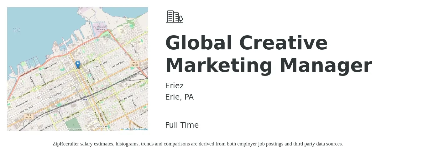 Eriez job posting for a Global Creative Marketing Manager in Erie, PA with a salary of $58,100 to $94,900 Yearly with a map of Erie location.