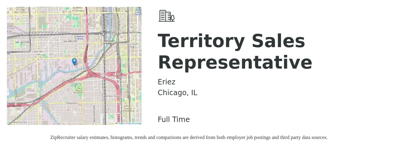 Eriez job posting for a Territory Sales Representative in Chicago, IL with a salary of $51,500 to $85,500 Yearly with a map of Chicago location.