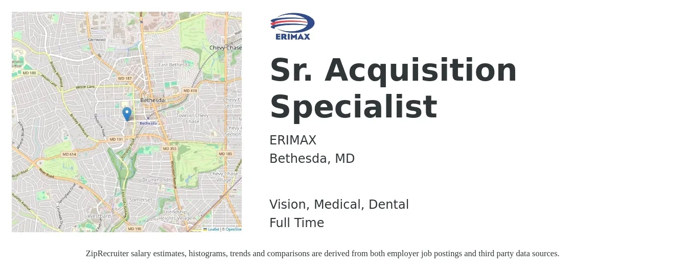 ERIMAX job posting for a Sr. Acquisition Specialist in Bethesda, MD with a salary of $73,800 to $103,800 Yearly and benefits including life_insurance, medical, vision, and dental with a map of Bethesda location.