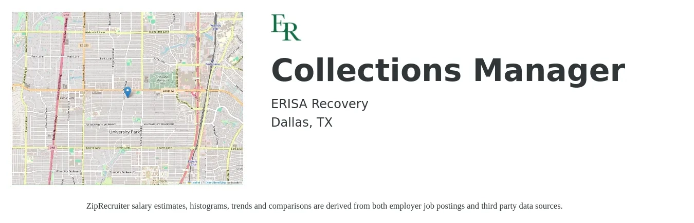 ERISA Recovery job posting for a Collections Manager in Dallas, TX with a salary of $40,200 to $65,100 Yearly with a map of Dallas location.