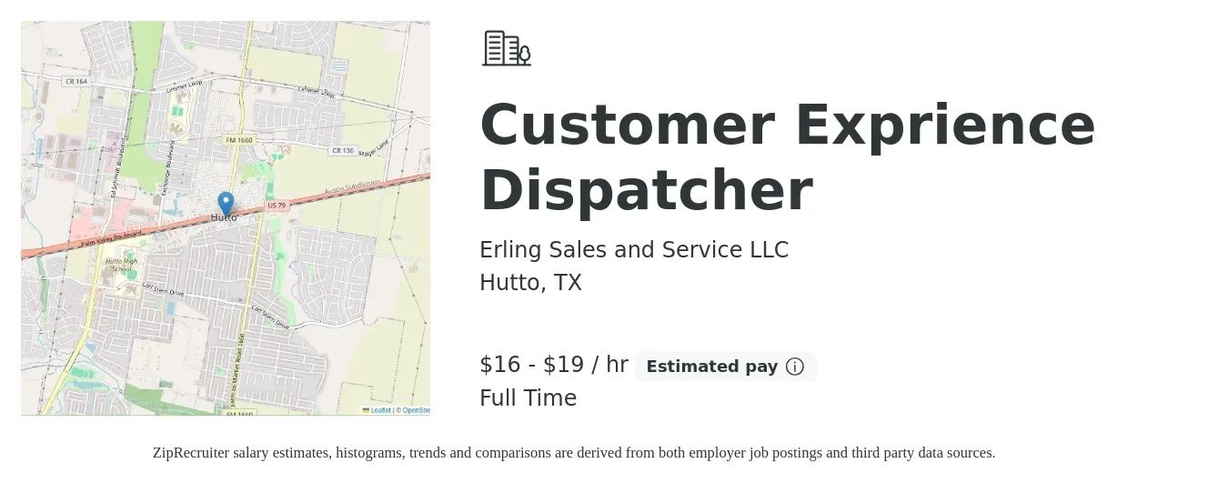 Erling Sales and Service LLC job posting for a Customer Exprience Dispatcher in Hutto, TX with a salary of $17 to $20 Hourly with a map of Hutto location.