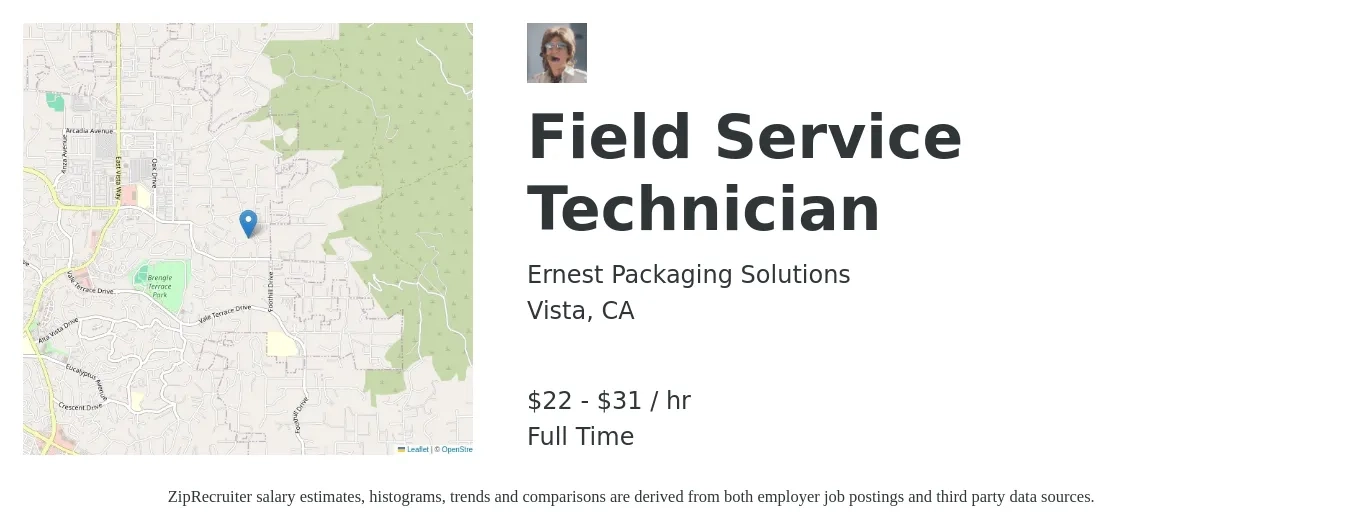Ernest Packaging Solutions job posting for a Field Service Technician in Vista, CA with a salary of $23 to $33 Hourly with a map of Vista location.