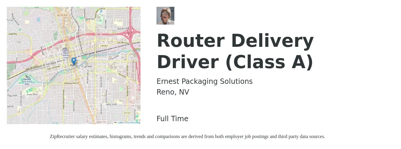 Ernest Packaging Solutions job posting for a Router Delivery Driver (Class A) in Reno, NV with a salary of $17 to $21 Hourly with a map of Reno location.