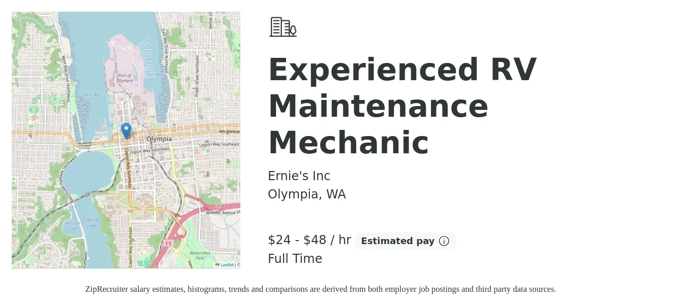 Ernie's Inc job posting for a Experienced RV Maintenance Mechanic in Olympia, WA with a salary of $25 to $50 Hourly with a map of Olympia location.