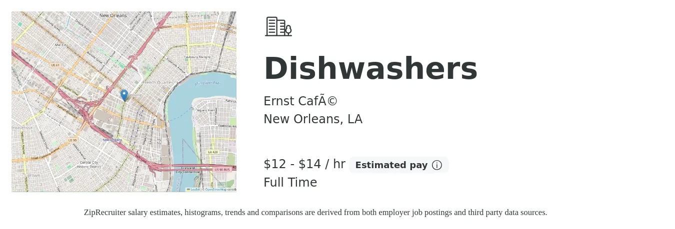 Ernst Café job posting for a Dishwashers in New Orleans, LA with a salary of $13 to $15 Hourly with a map of New Orleans location.