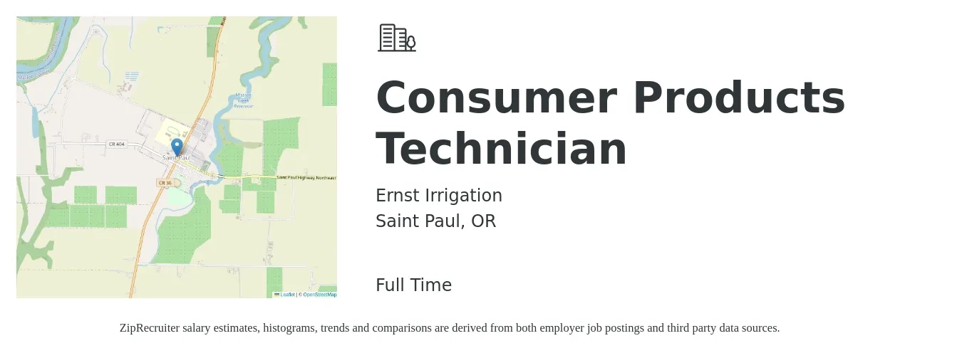 Ernst Irrigation job posting for a Consumer Products Technician in Saint Paul, OR with a salary of $38,900 to $57,000 Yearly with a map of Saint Paul location.