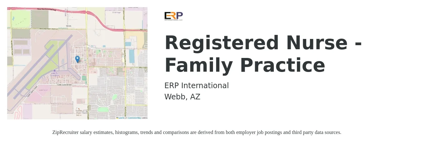 ERP International job posting for a Registered Nurse-Family Practice in Webb, AZ with a salary of $33 to $51 Hourly and benefits including medical, retirement, vision, dental, and life_insurance with a map of Webb location.