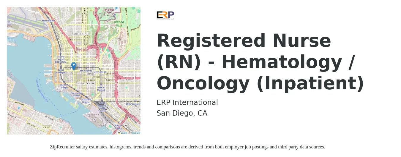 ERP International job posting for a Registered Nurse (RN) - Hematology / Oncology (Inpatient) in San Diego, CA with a salary of $39 to $90 Hourly and benefits including life_insurance, medical, retirement, vision, and dental with a map of San Diego location.