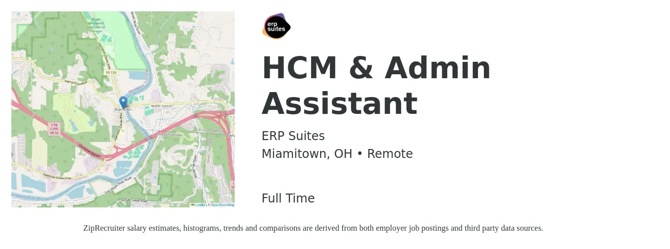 ERP Suites job posting for a HCM & Admin Assistant in Miamitown, OH with a salary of $17 to $22 Hourly with a map of Miamitown location.